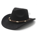Bohemian black faux suede cowboy hat with ethnic style handmade beaded hatband - M (56-58cm) / Black