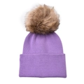Close-up of purple knit winter hat with a fluffy brown pom-pom and ribbed texture - Purple (With Faux Fur Pom-pom)