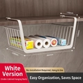 White retractable under-shelf hanging storage basket made of metal for cabinet organization - Simple Extra Large Size / White