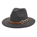 Detail view of wide-brim felt fedora hat with brown leather strap and gold chain - M (56-58cm) / Dark Gray