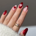 Detail of red heart and french tip press-on nails with a minimalist gold diamond ring - Bz1756 Is Exquisite. / Glue Type