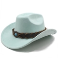Detailed side view of a light blue suede cowboy hat with a brown braided band and turquoise stone - M (56-58cm) / Mint Green