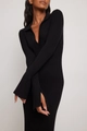 Slim fit black knitted long sleeve dress with V-neck polo collar and ribbed texture - S / Black