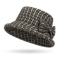 Cappello a secchiello pied-de-poule in tweed marrone con elegante fiocco laterale - Quadri Piccoli Caffè