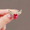Golden angel wing heart brooch with faceted red gemstone and sparkling accents - 401# Angel Wings
