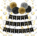 Funny Black and Gold Happy Fucking Birthday banner set with swirls and paper pom poms - HFB Banner Swirls Paper Flowers Set