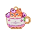 Close-up of enamel cat charm in pink tea cup for DIY jewelry making and crafts - Purple-KC Gold