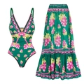 Costume da bagno scollo a V da donna e gonna lunga coordinata con stampa floreale retrò - S / Set intero con spalline e scollo a V (gonna lunga)
