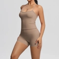 Detail of soft brushed fabric texture on high-waist seamless yoga shorts and tank top - S / Mocha Brown