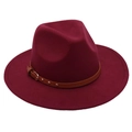 Detail of burgundy wool fedora hat featuring a brown leather strap and gold metal studs - One Size (57cm) / Burgundy (3 Studs)