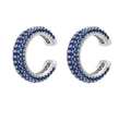 Silver C-shape non-piercing ear cuff with pave-set blue cubic zirconia stones - Platinum Plated - Royal Blue Zirconia