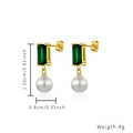Gold plated stainless steel drop earrings with emerald green stone and white pearl - Emerald Gemstone Pearl Drop Earrings (E824-G)
