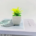 Modern faux green fern plant in a minimalist square white ceramic pot for desk decor - Yellow Small Fern