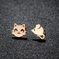 Eleganti orecchini asimmetrici in oro rosa con design minimalista a forma di gatto e topo - 177 Gatto e Topo / Oro rosa