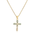 Gold cross necklace with turquoise and cubic zirconia inlay on a polished link chain - Vintage Gold Turquoise Style