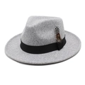 Classic grey wool fedora hat with black ribbon and spotted feather on white background - M (56-58cm) / Light Heather Grey