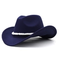 Detailed view of navy blue wool felt cowboy hat with white bead trim and curved brim - Navy Blue
