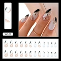 Detail of almond-shaped press-on nails with white French tips and gold foil marble art - W529 Black White Ripples