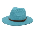 Close-up of light blue straw fedora hat with brown leather belt and gold buckle - Lake Blue