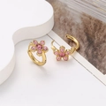 Detail of 18k gold plated stainless steel hoop earrings with pink five-petal floral crystals - Pink