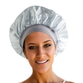 Glossy light grey satin sleep bonnet with wide elastic band for hair protection - 35cm Diameter / Silver