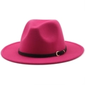 Detail of rose red wool fedora hat featuring a black leather band with golden metal buckle - M (56-58cm) / Rose Red
