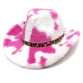Chapeau de cowboy rose à motif vache en peluche avec ceinture léopard tendance - M (56-58cm) / Couronne en Cœur Rose Rouge