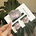 Cute blue acrylic hippo hair clip and matching earrings set on fashion jewelry card - Bow Hat Lollipop Hippo Clip 3PCS Set