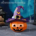 Halloween pumpkin skull with purple wizard hat sculpture and dimensions display - Purple Magic Hat Pumpkin (Right)