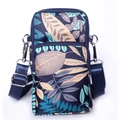 Navy blue vertical mini phone bag with tropical leaf print and dual zipper pockets - Green Marijuana Leaf