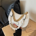White faux leather crescent underarm bag with gold chain strap and fashion logo - White