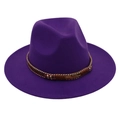 Detail of deep purple wool felt hat featuring a brown embroidered feather band - Purple (Gold Feather)