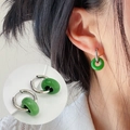 Silver hoop earrings featuring a vibrant emerald green jade-style donut charm variant - Silver-Faux Jade