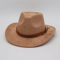 Classic camel wide brim fedora hat with brown leather band and gold buckle detail - One Size / Camel (With Yellow Rope)