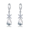 Silver pear-shaped drop earrings with sparkling clear cubic zirconia in flower design - Clear Rhinestone
