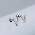 Polished silver stainless steel V-letter stud earring with secure screw back ball - Letter V (T55662) / Silver