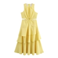 Vestido largo amarillo sin mangas con volantes escalonados, abertura y detalle de aro - XS / Amarillo
