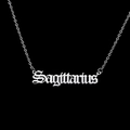 Macro detail of silver Sagittarius gothic script pendant on stainless steel chain - Sagittarius-Silver