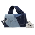 Patchwork denim handbag in blue tones with a white monster plush charm and knotted handle - Patchwork Blue