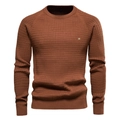 Macro detail of brown waffle-knit texture and crew neckline on men's pullover sweater - S / Chocolate