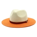 Two-tone Panama straw hat with beige crown, orange brim and brown velvet band with M buckle - M (56-58cm) / Cream White + Orange
