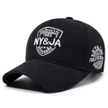 Black cotton baseball cap with white embroidery details and NY&JA shield design - Adjustable / Black With White Embroidery