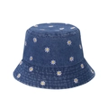 Bob en jean bleu foncé avec des motifs de marguerites brodés blancs et jaunes - 58cm / Fleuri Marine