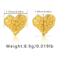 Macro view of gold heart earrings showing lava texture and precise product dimensions - Lava Texture Wrinkled Irregular Heart