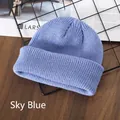 Minimalist sky blue knit beanie hat with ribbed texture and wide cuffed brim - Sky Blue