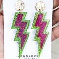 Neon lightning bolt earrings with pink and green glitter acrylic layers on white card - Rose Pink and Grass Green Splicing Lightning