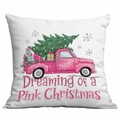 Pink Christmas pillow cover with vintage truck, tree and gifts on white fabric - Pink Vintage Truck