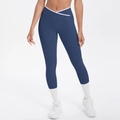 Nahaufnahme der Yoga-Leggings mit hohem Bund und kontrastierendem V-Kreuz-Design - S / Marineblau