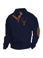 Donkerblauwe heren gebreide trui met gouden hertenprint en bruine elleboogstukken - S / Tops / Marineblauw (Hertenkop Bedrukking)