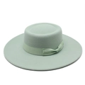 Detailed texture of mint green wool felt flat top boater hat with matching ribbon bow - M (56-58cm) / Mint Green